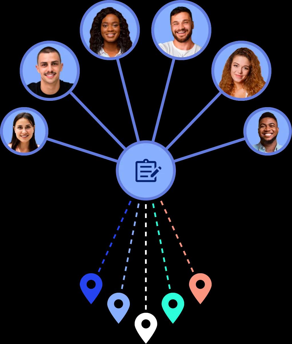 Imagem com fotos de rostos de diversas pessoas que se unem em um ícone de documento centralizado entre eles